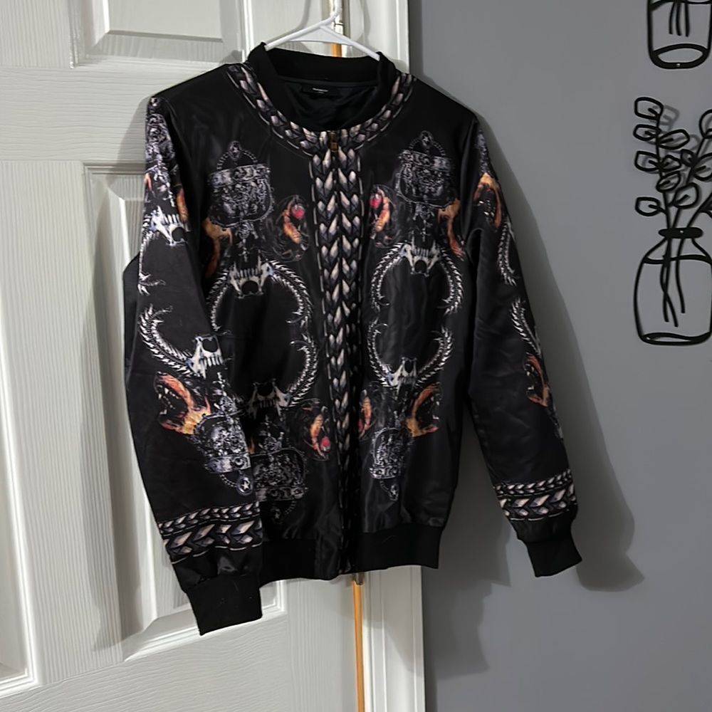 Givenchy Black Graphic Bomber Jacket with Metallic and Orange Accents